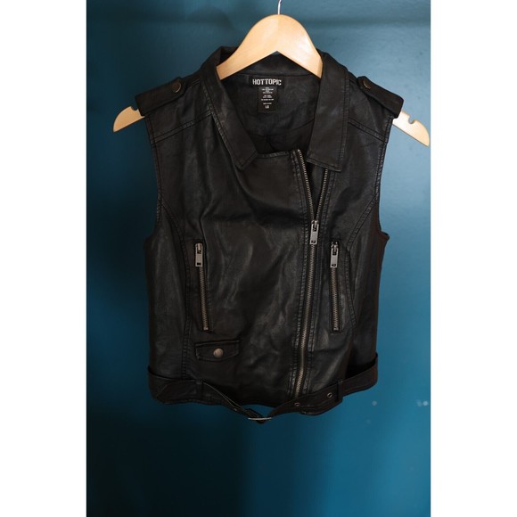 Hot Topic Jackets & Blazers - Hot Topic Black Moto Vest L Faux Leather Asymmetrical Bad Kitty back Patch